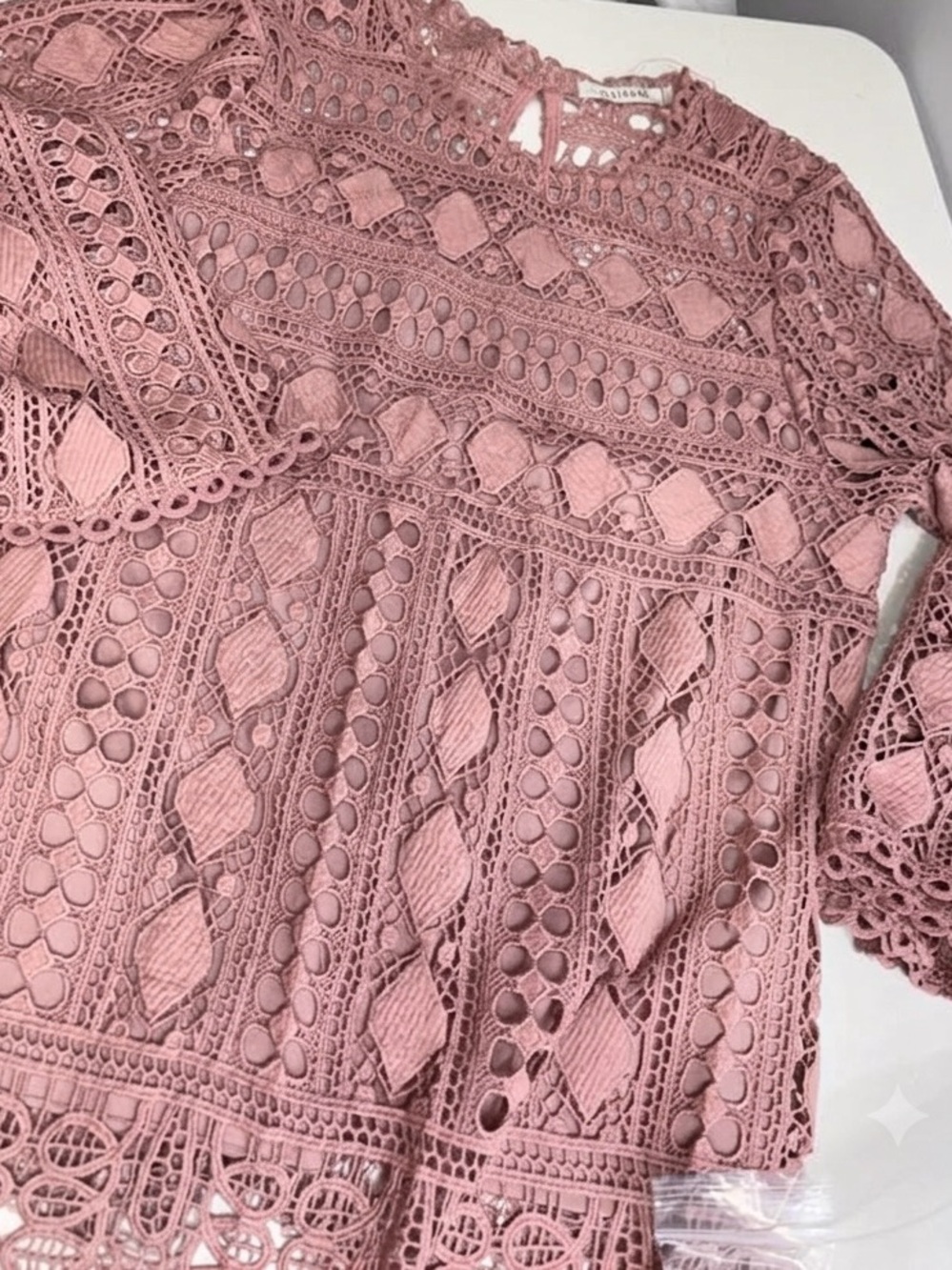 ALLISON Dusty Rose Geometric Crochet Lace Bell-Sleeve Blouse Top - Picture 5 of 6